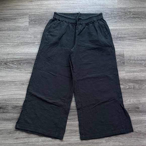 Pact Pants - Pact Black Gauze Cropped Wide Leg Pants Size Large Cotton Flare with Slit